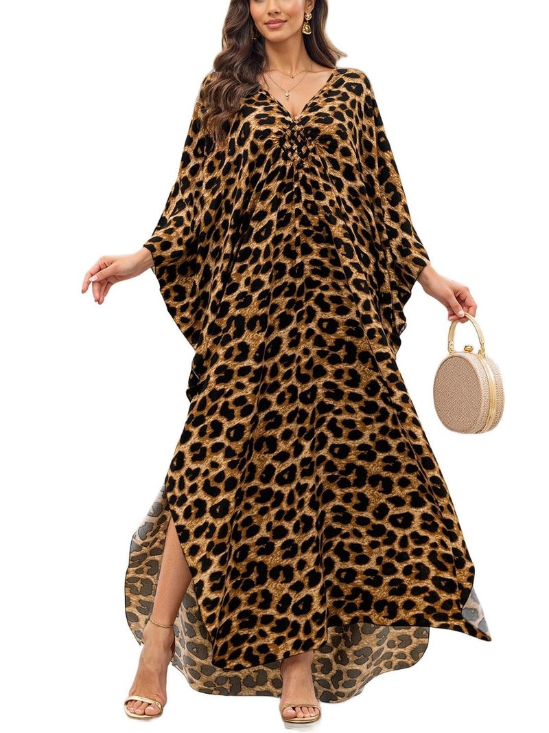 KECVOT Kaftan Maxi Dress for Women V-Neck Plus Size Boho Beach Cover Up for Resort and Loungewear Leopard Print - Image 1