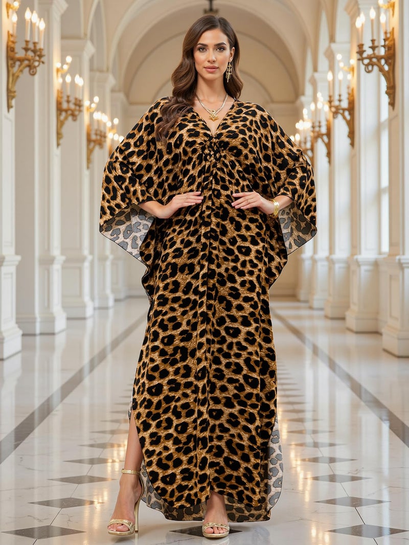 KECVOT Kaftan Maxi Dress for Women V-Neck Plus Size Boho Beach Cover Up for Resort and Loungewear Leopard Print - Image 5