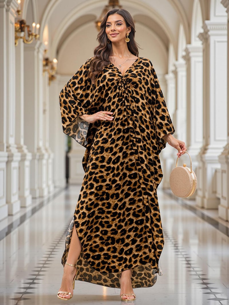 KECVOT Kaftan Maxi Dress for Women V-Neck Plus Size Boho Beach Cover Up for Resort and Loungewear Leopard Print - Image 4