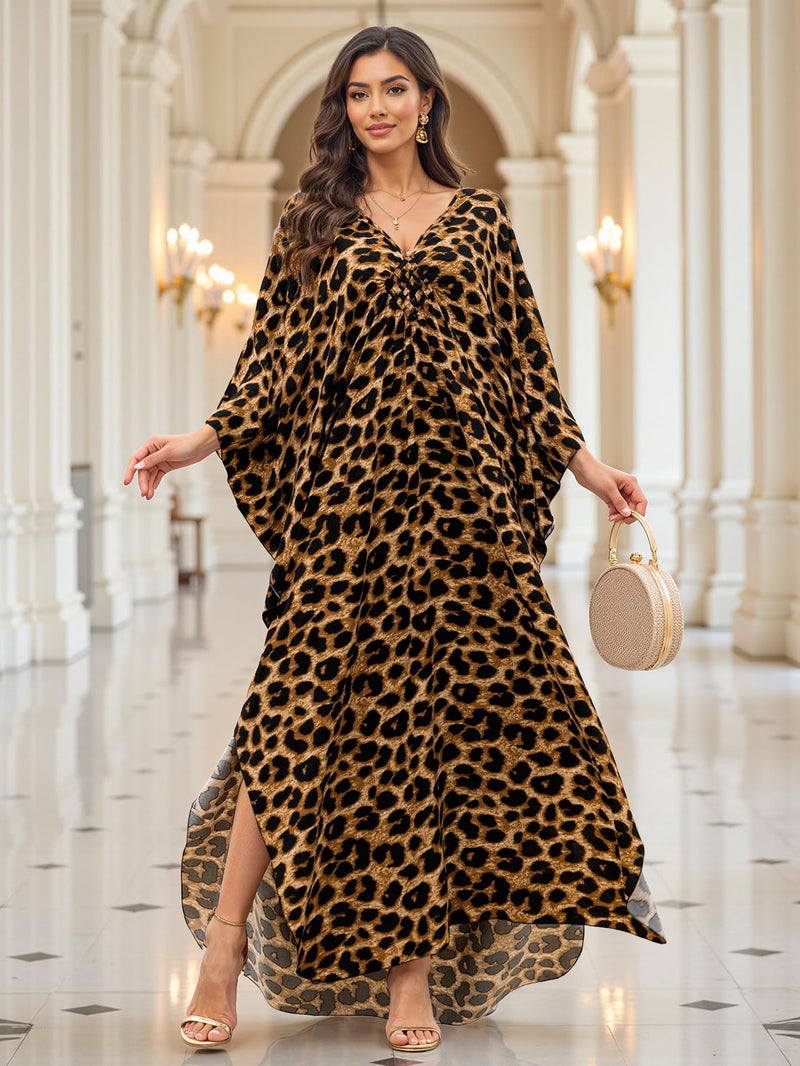 KECVOT Kaftan Maxi Dress for Women V-Neck Plus Size Boho Beach Cover Up for Resort and Loungewear Leopard Print - Image 2