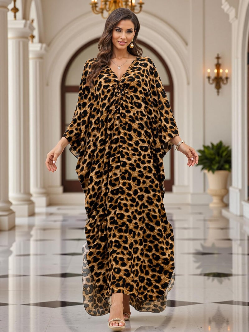 KECVOT Kaftan Maxi Dress for Women V-Neck Plus Size Boho Beach Cover Up for Resort and Loungewear Leopard Print - Image 3