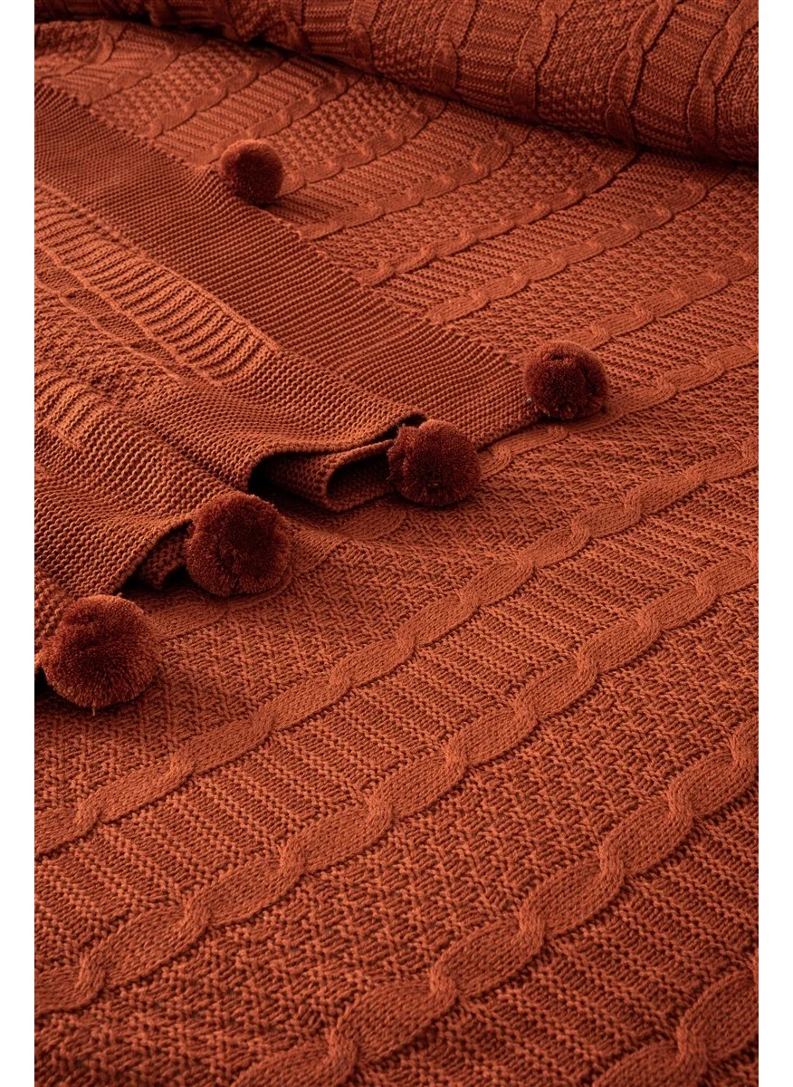 Sevim Double Pompom Knitted Blanket - Soft and Stylish Design - Tile - Terra - 220X240 cm