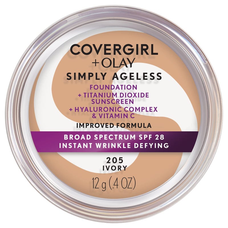 COVERGIRL Simply Ageless Instant Wrinkle Defying Foundation, SPF 28, Hyaluronic Complex & Vitamin C - 205 Ivory, Pack of 1 - Image 1