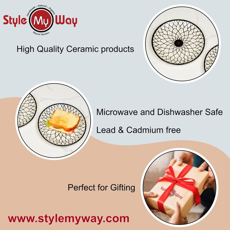 StyleMyWay Hand Painted Black and White Spiral Ceramic Quarter Plates (7 inches, Set of 4) | Dishwasher Safe Small Side Plates | Microwave Safe Snack Plates for Party - Image 5