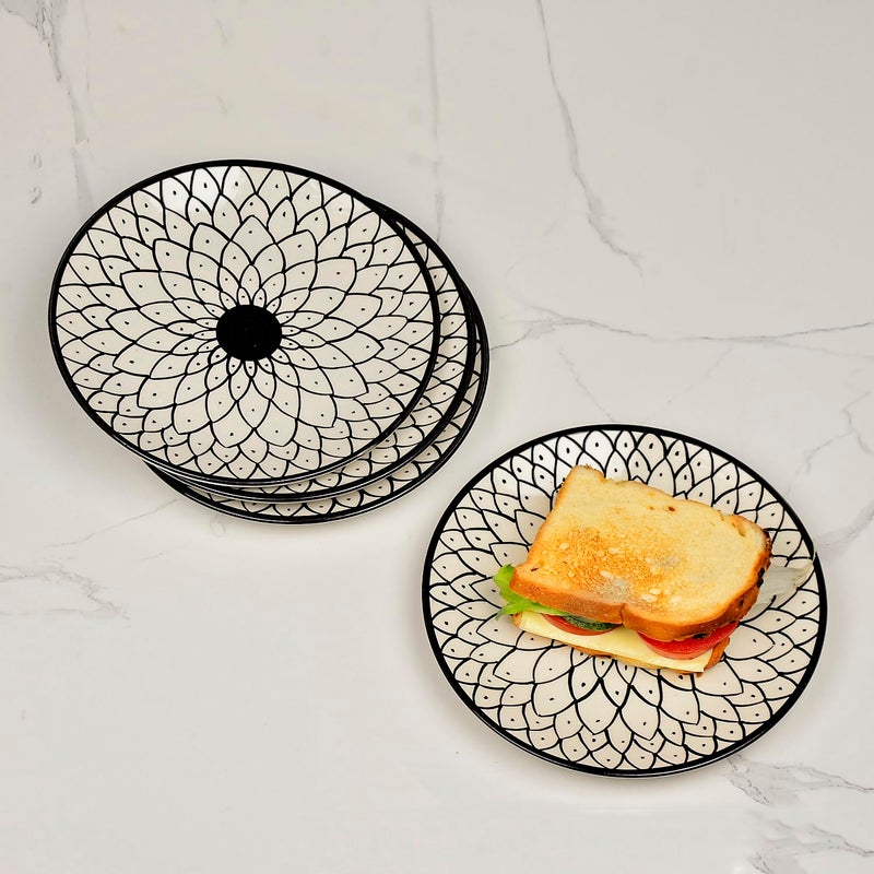 StyleMyWay Hand Painted Black and White Spiral Ceramic Quarter Plates (7 inches, Set of 4) | Dishwasher Safe Small Side Plates | Microwave Safe Snack Plates for Party - Image 1