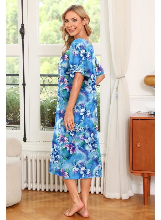 Ekouaer 2 Pack House Dresses for Women with Pockets Short Sleeve Moo Moos Floral Print Mumu Dresses, Blue Floral/Yellow Butterfly, 3XL - Image 4