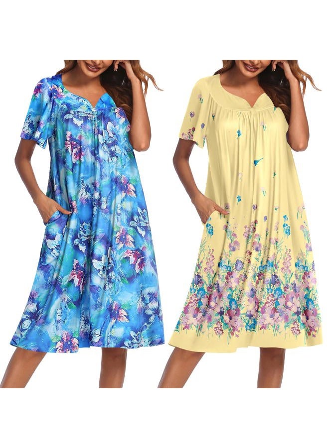 Ekouaer 2 Pack House Dresses for Women with Pockets Short Sleeve Moo Moos Floral Print Mumu Dresses, Blue Floral/Yellow Butterfly, 3XL - Image 1