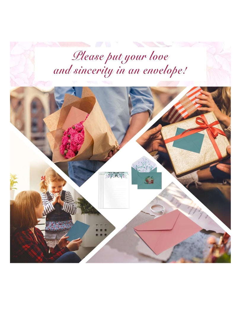Writing Paper and Envelopes Set Flower Design Writing Letter Paper 24Pcs Writing Stationery Paper with 12Pcs Envelopes Set Lined Letter Writing Set with Floral Stickers for Invitation Gifts 6 Styles - Image 3