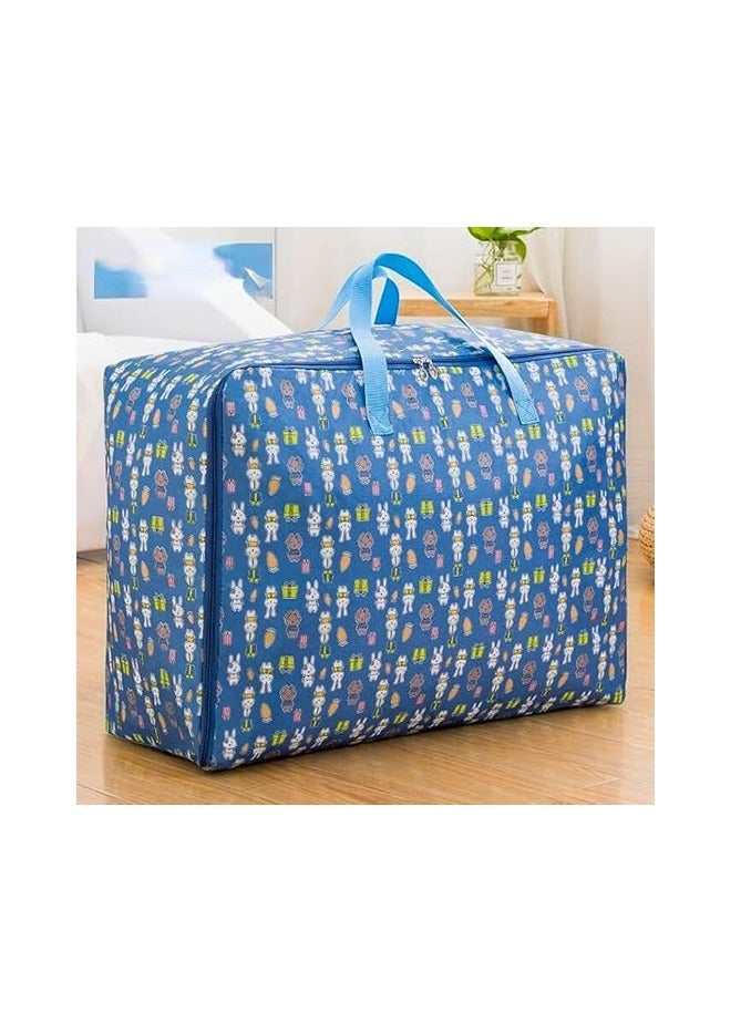 Large portable waterproof storage bag with zippers, made of thick, durable Oxford fabric. An organized bag ideal for travel, comforters, and blankets, in large size 70 × 50 × 30 cm (blue with a rabbit design). - Image 1