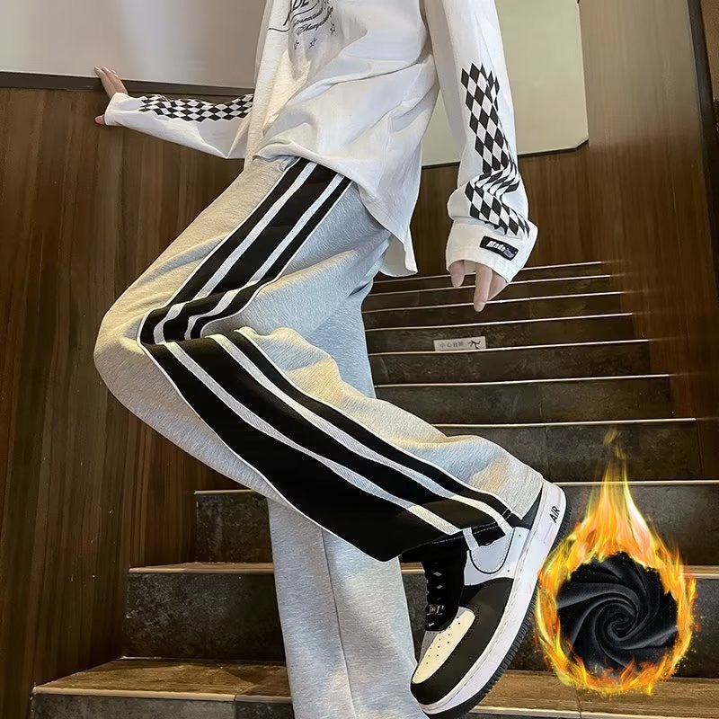 Sweatpants American Fleece-Lined Thickened Stitching Sports Pants Loose Straight Wide Leg Casual Trousers Boys Fashion Brand