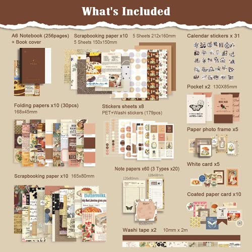 The AutoStory Scrapbook Kit A6 Junk Journal Notebook Aesthetic Stickers Decorative Paper Washi Tape DIY Craft Art Diary Planner Decor Keepsake Gift for Teens Girls Supplies (Cocoa Brownie, Brown) - Image 2