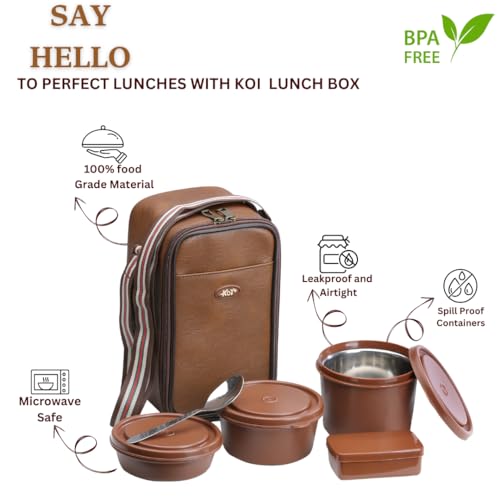KOI TiffinPro Lunch Box Set with Insulated Bag, 3 Microwave Safe Inner Steel Containers (290ml, 450ml, 600ml), Plastic Pickle Box(180), Spoon | Ideal for School, College, Office| Color-Memphis Brown - Image 2