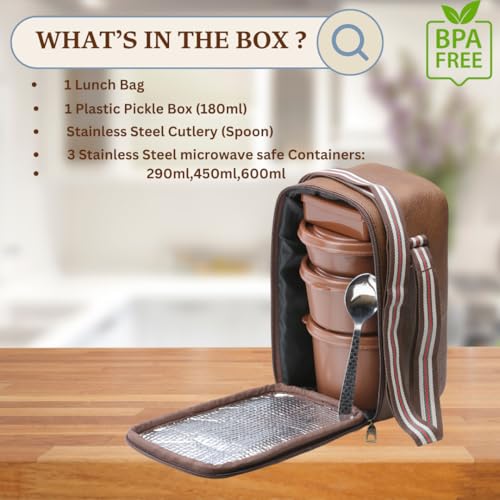 KOI TiffinPro Lunch Box Set with Insulated Bag, 3 Microwave Safe Inner Steel Containers (290ml, 450ml, 600ml), Plastic Pickle Box(180), Spoon | Ideal for School, College, Office| Color-Memphis Brown - Image 4