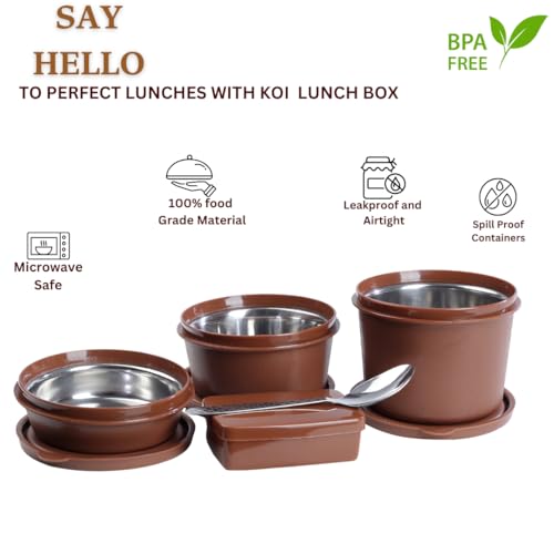 KOI TiffinPro Lunch Box Set with Insulated Bag, 3 Microwave Safe Inner Steel Containers (290ml, 450ml, 600ml), Plastic Pickle Box(180), Spoon | Ideal for School, College, Office| Color-Memphis Brown - Image 3