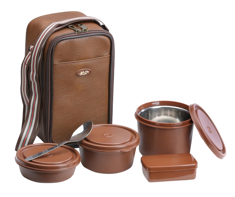 KOI TiffinPro Lunch Box Set with Insulated Bag, 3 Microwave Safe Inner Steel Containers (290ml, 450ml, 600ml), Plastic Pickle Box(180), Spoon | Ideal for School, College, Office| Color-Memphis Brown - Image 5