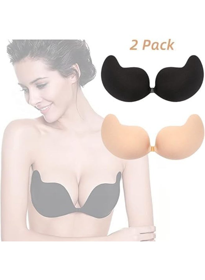 2 Pack Invisible Sticky Lift Up Bras, Silicone Strapless Backless Push Up Adhesive Bras for Women, Skin-Friendly Breathable Fabric Washable and Reusable - Image 2