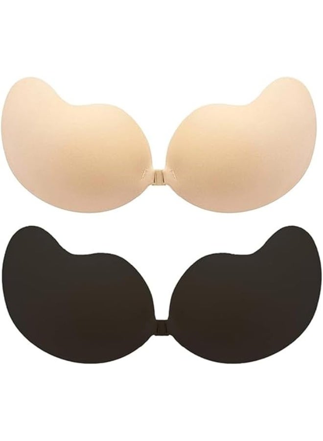 2 Pack Invisible Sticky Lift Up Bras, Silicone Strapless Backless Push Up Adhesive Bras for Women, Skin-Friendly Breathable Fabric Washable and Reusable - Image 1