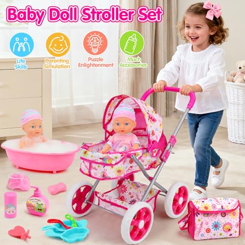 Qirptey Baby Doll Stroller Set Toys for Girls Toddlers 3-5 4-6 5-7, Baby Doll Playset with 11" Doll, Bathtub and 20PCS Baby Doll Accessories, Baby Stroller Toys for 2 3 4 5 Year Old Girls Birthday Gifts - Image 2