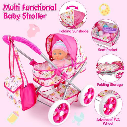 Qirptey Baby Doll Stroller Set Toys for Girls Toddlers 3-5 4-6 5-7, Baby Doll Playset with 11" Doll, Bathtub and 20PCS Baby Doll Accessories, Baby Stroller Toys for 2 3 4 5 Year Old Girls Birthday Gifts - Image 4