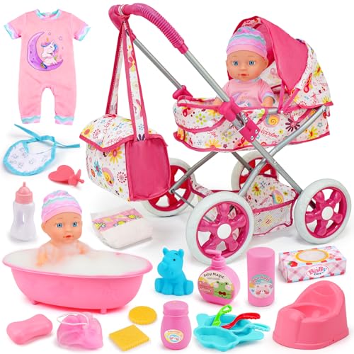 Qirptey Baby Doll Stroller Set Toys for Girls Toddlers 3-5 4-6 5-7, Baby Doll Playset with 11" Doll, Bathtub and 20PCS Baby Doll Accessories, Baby Stroller Toys for 2 3 4 5 Year Old Girls Birthday Gifts - Image 1