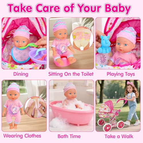 Qirptey Baby Doll Stroller Set Toys for Girls Toddlers 3-5 4-6 5-7, Baby Doll Playset with 11" Doll, Bathtub and 20PCS Baby Doll Accessories, Baby Stroller Toys for 2 3 4 5 Year Old Girls Birthday Gifts - Image 5