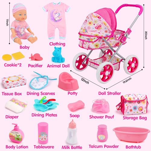 Qirptey Baby Doll Stroller Set Toys for Girls Toddlers 3-5 4-6 5-7, Baby Doll Playset with 11" Doll, Bathtub and 20PCS Baby Doll Accessories, Baby Stroller Toys for 2 3 4 5 Year Old Girls Birthday Gifts - Image 3