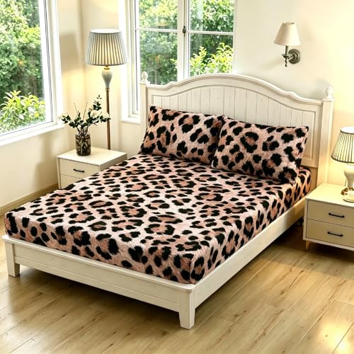 SDY 3 Pieces Cheetah Print Fitted Bed Sheet TwinLeopard Print Fitted Sheet Deep PocketCozy Microfiber for BoysGirlsMan and Womanno Velvet Just Velvet Look - Image 1