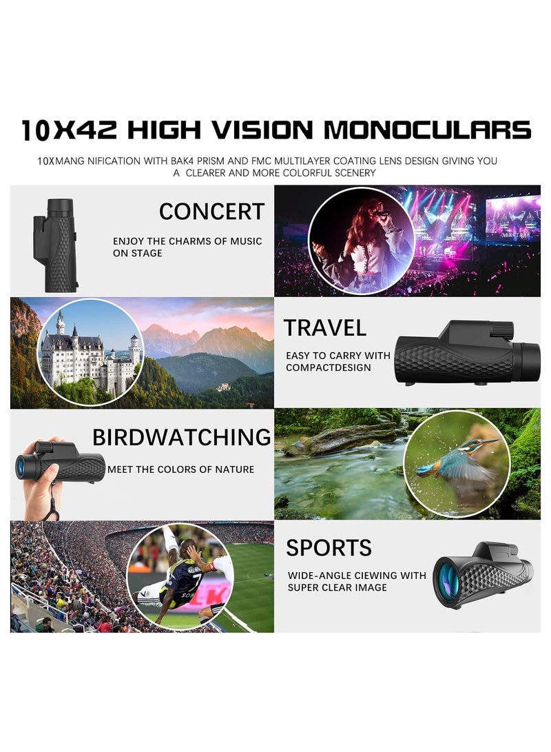 SOLARAE Monocular Telescope, 10 x 42 Compact Monoculars for Adults, High Porwered Monoculrar, with Smartphone Adapter &Tripod HD Monocular, for Viewing Wildlife Hunting Bird Watching Hiking Traveling - Image 4