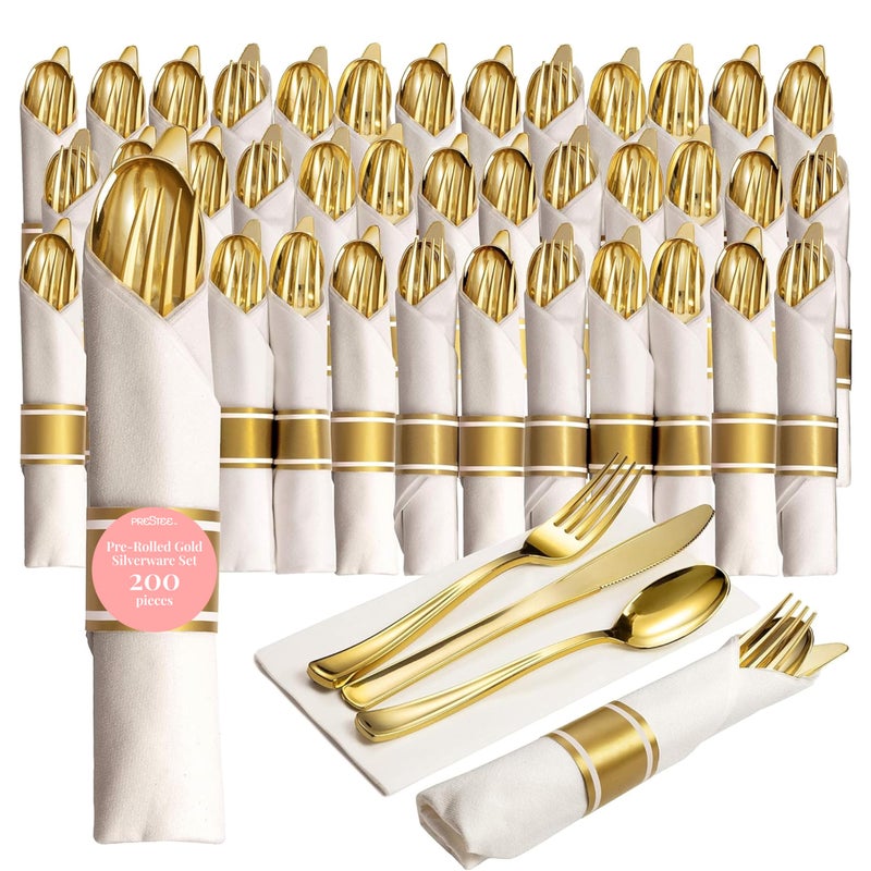 Prestee 200 Pieces Pre Rolled Gold Plastic Silverware Set for 50 Guests  Premium Disposable Silverware Set with Napkins  Wrapped Utensils with Forks Knives Spoons Napkins for Weddings and Events
