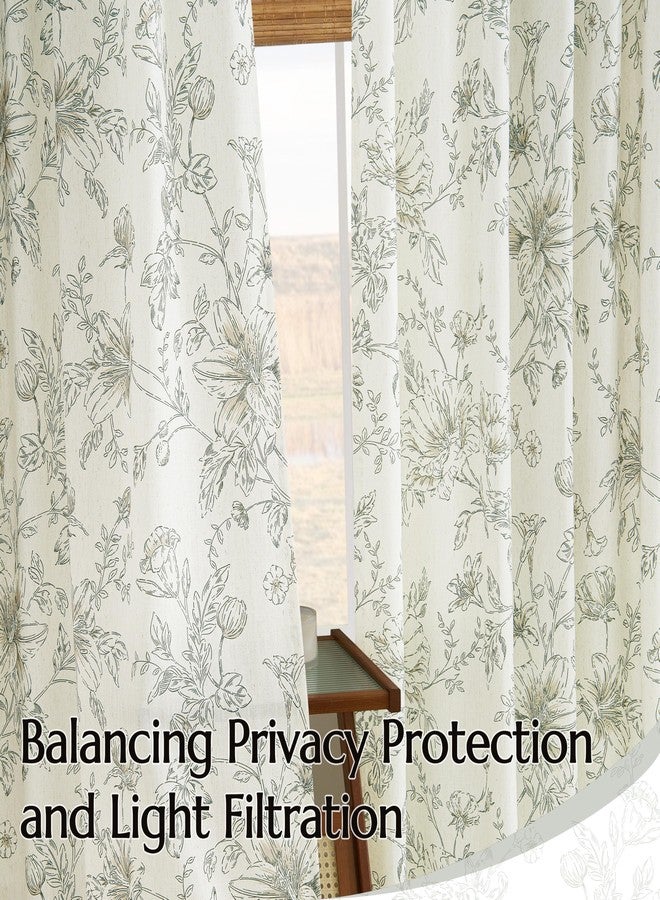 BILEEHOME Green Floral Linen Curtains for Living Dining Room 96 Inch Length 2 Panels Pinch Pleated Olive Flower Patterned Printed Curtains Back Tab Semi Sheer Farmhouse Rustic French Country Drape for Bedroom - Image 5