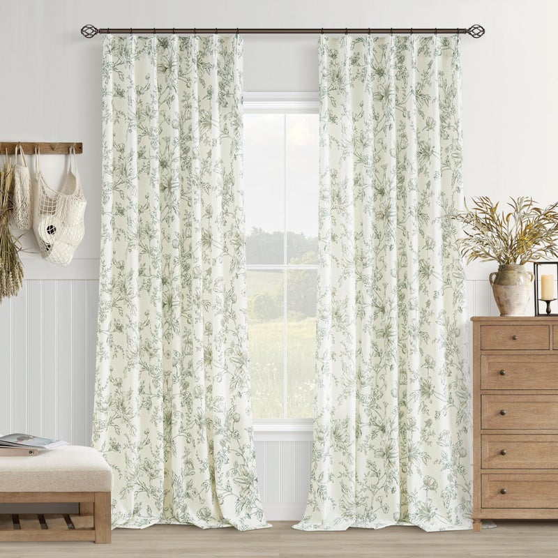 BILEEHOME Green Floral Linen Curtains for Living Dining Room 96 Inch Length 2 Panels Pinch Pleated Olive Flower Patterned Printed Curtains Back Tab Semi Sheer Farmhouse Rustic French Country Drape for Bedroom - Image 1