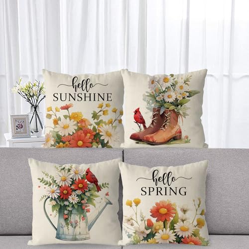 GAGEC Spring Pillow Covers 18x18 Inch Set of 4 Cardinal Floral Throw Pillowcase Hello Sunshine Home Sofa Bedroom Living Room Holiday Cushion Case Farmhouse Decorations - Image 3