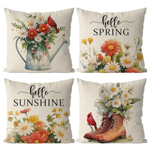 GAGEC Spring Pillow Covers 18x18 Inch Set of 4 Cardinal Floral Throw Pillowcase Hello Sunshine Home Sofa Bedroom Living Room Holiday Cushion Case Farmhouse Decorations - Image 1