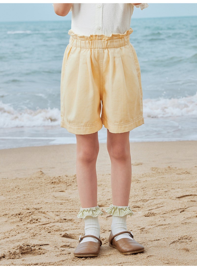 mini bala Girls Kids Casual Elastic Waist Ruffled Hem Pocketed Shorts Soft Breathable Lightweight Comfortable Summer New Style Sweet Daily Wear Children's Fashion Shorts - Image 1