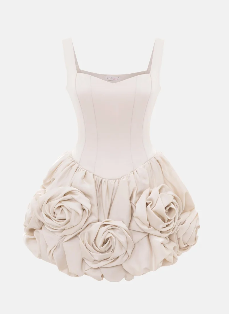 Lichi Satin strappy mini dress with voluminous flowers on the skirt