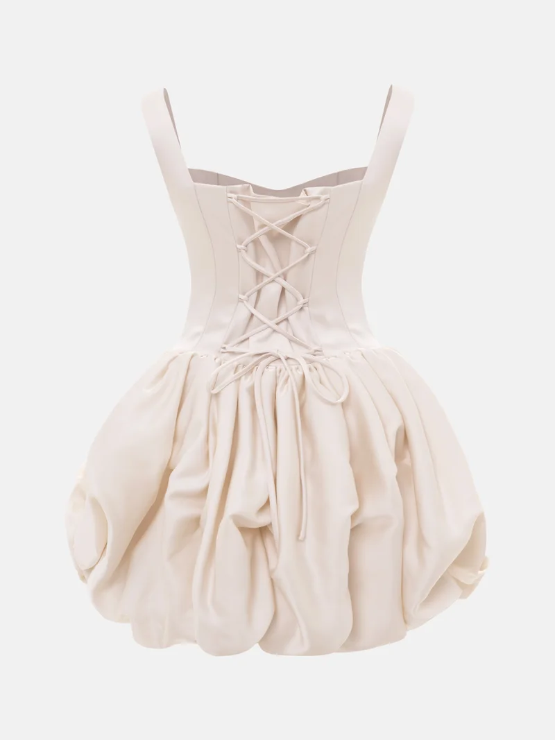 Lichi Satin strappy mini dress with voluminous flowers on the skirt