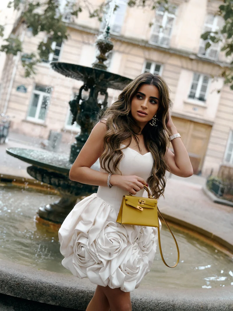 Lichi Satin strappy mini dress with voluminous flowers on the skirt