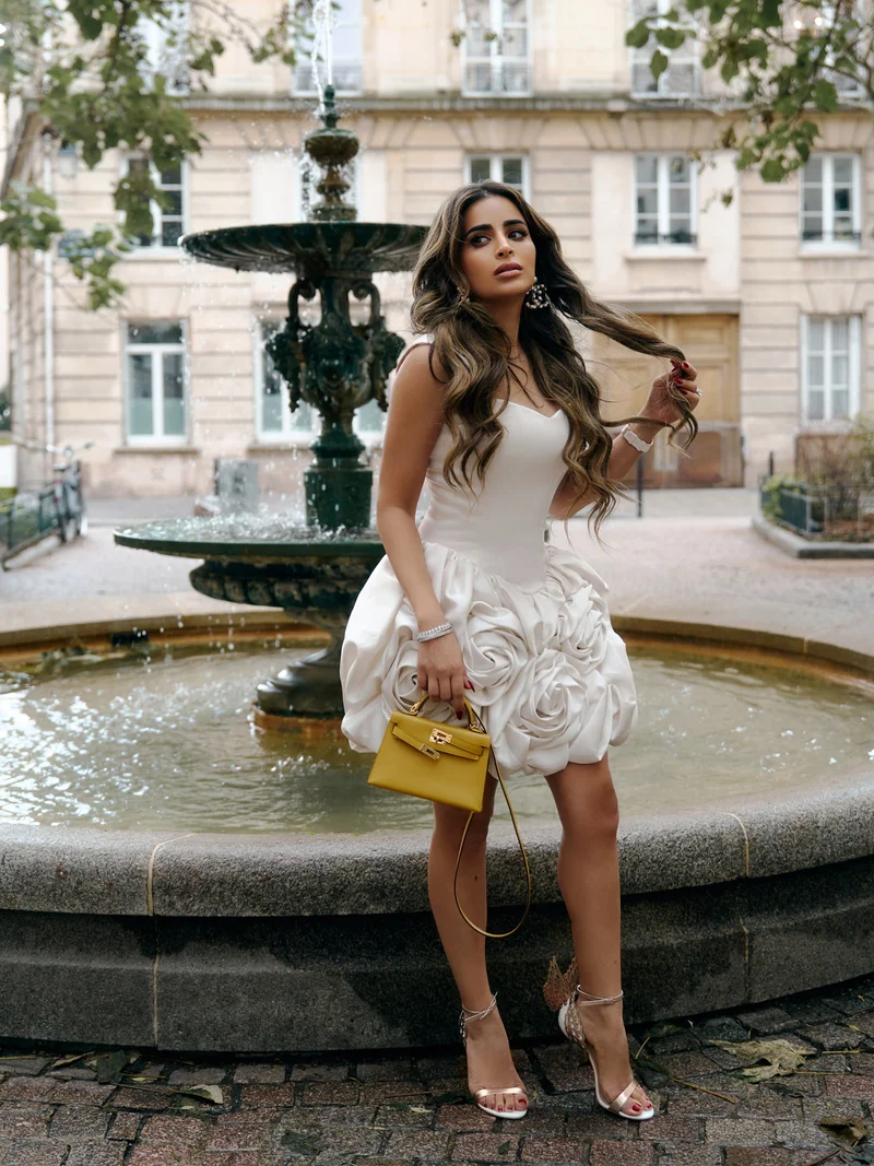 Lichi Satin strappy mini dress with voluminous flowers on the skirt