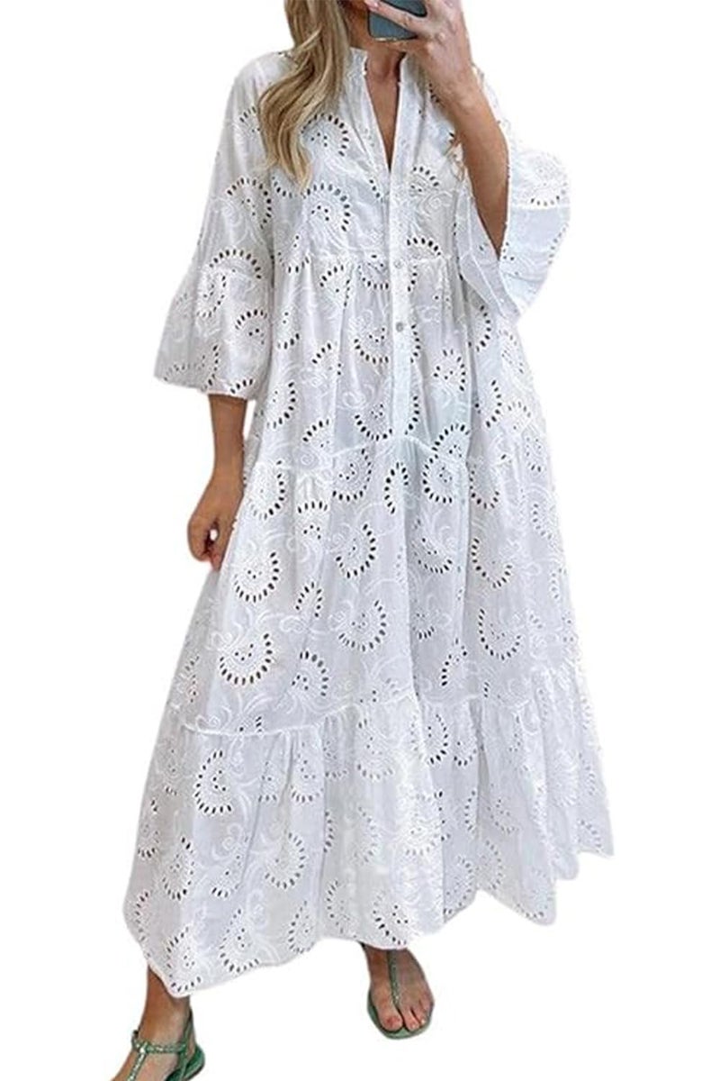 ThCreasa Womens V Neck Eyelet Embroidery Maxi Dresses Lace 3/4 Trumpet Sleeve Button Hollow Tiered Swing Long Dress White M - Image 1