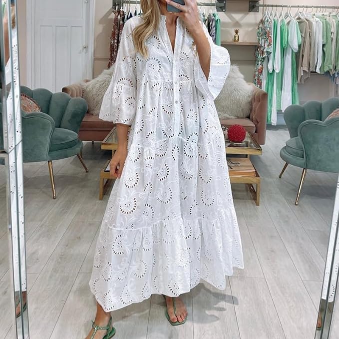 ThCreasa Womens V Neck Eyelet Embroidery Maxi Dresses Lace 3/4 Trumpet Sleeve Button Hollow Tiered Swing Long Dress White M - Image 2