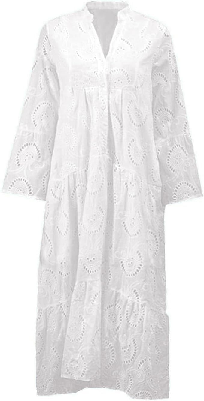 ThCreasa Womens V Neck Eyelet Embroidery Maxi Dresses Lace 3/4 Trumpet Sleeve Button Hollow Tiered Swing Long Dress White M - Image 3