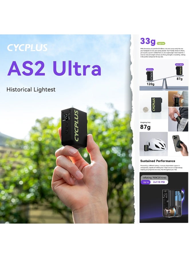 CYCPLUS AS2 Ultra Tiny Bicycle Pump with Gauge, Max 120 PSI Electric Mini Pump, Auto Stop, with Presta and Schrader Valve for E-Bike, MTB, and Road Bike - Image 2