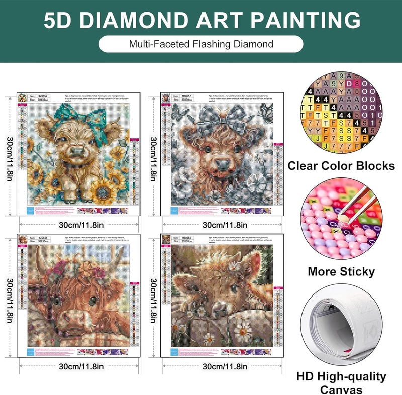 mrpwnle 4 Pack Cow Diamond Art Kits for Adults - DIY Cute Animals Diamond Painting Kits for Adults Beginner, Simple 5D Full Drill Diamond Art Dots Gem Art Kit for Home Wall Decor 12x12inch - Image 4
