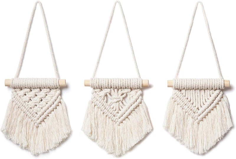 Macrame Wall Hanging, Mini Woven Tapestry, Natural Cotton Rope, Boho Home Decor, 8.5x4 Inch, Set of 3