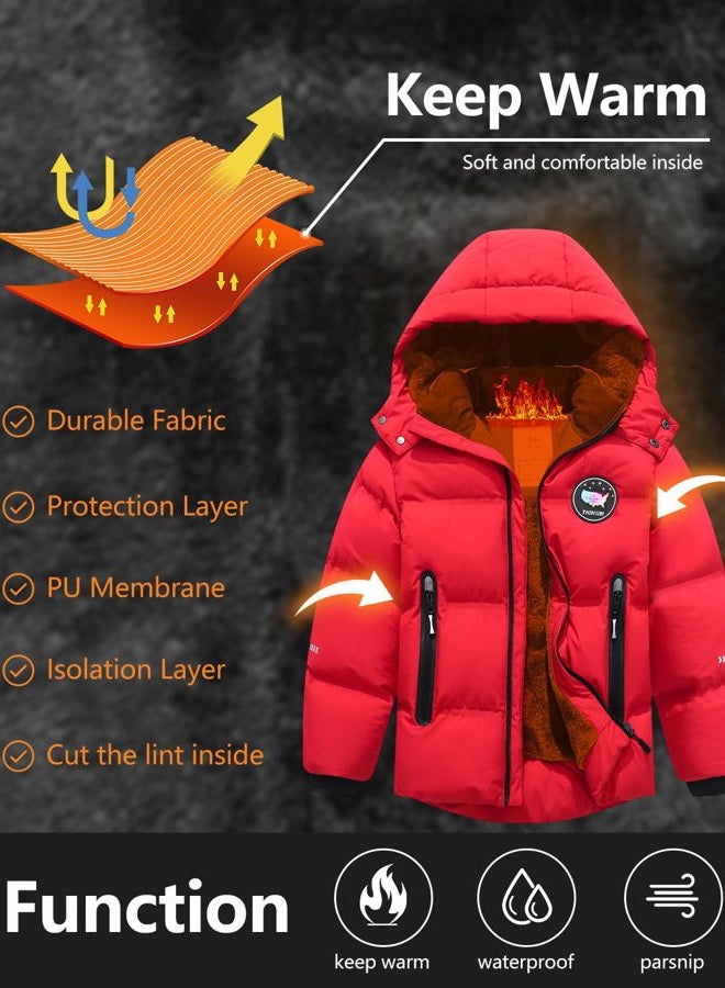 BYLESIN Kids Boy's Winter Coat Fleece Lined Waterproof Jacket Puffy Cotton Coat Thick Hooded Down Outdoor Coats, Red, 7-8 - Image 4