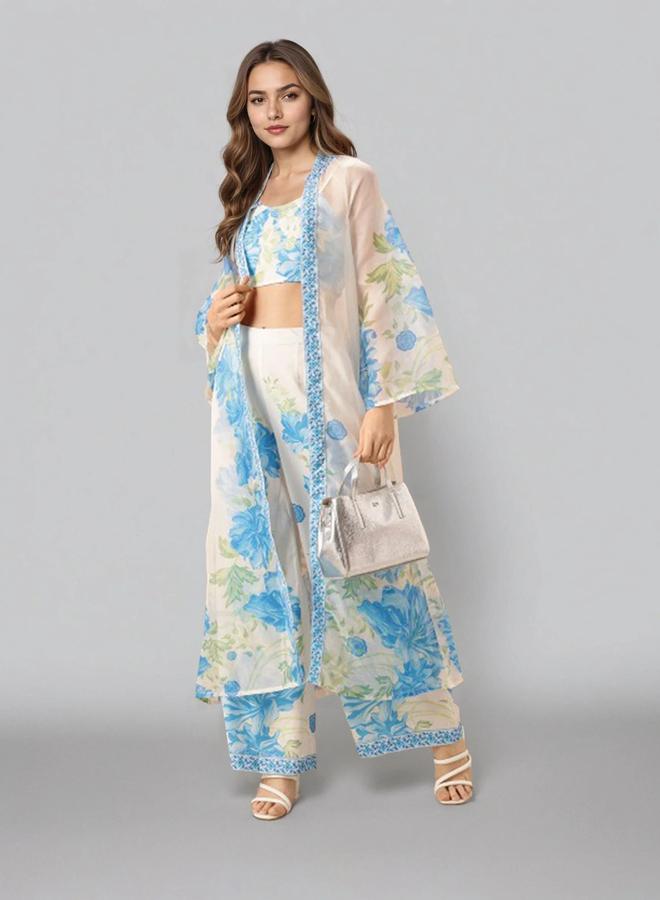 Desiqlo Off White Strappy Printed Cami with Pants and Jacket Co-Ords - Image 1