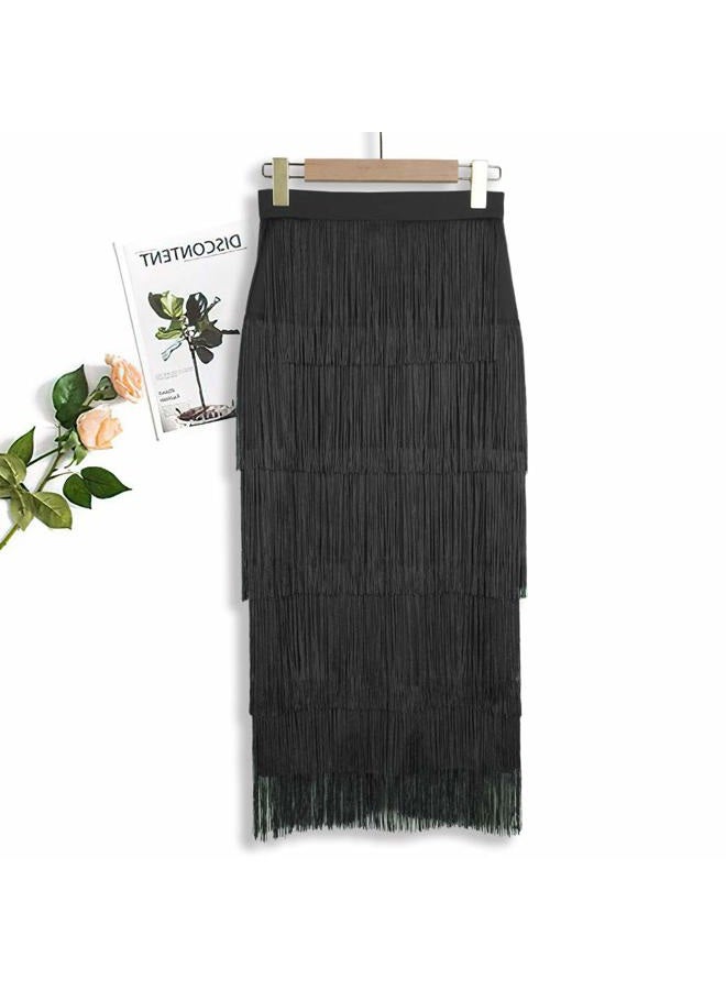 AOMEI Women's High Waist Fringe Tiered Bodycon Pencil Midi Skirt, Black, XL - Image 2