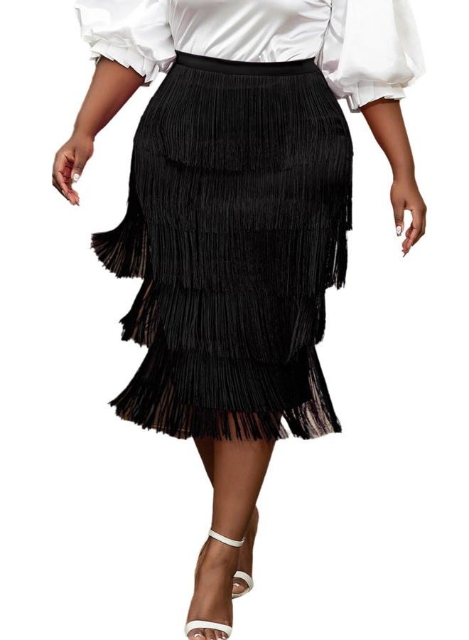AOMEI Women's High Waist Fringe Tiered Bodycon Pencil Midi Skirt, Black, XL - Image 1