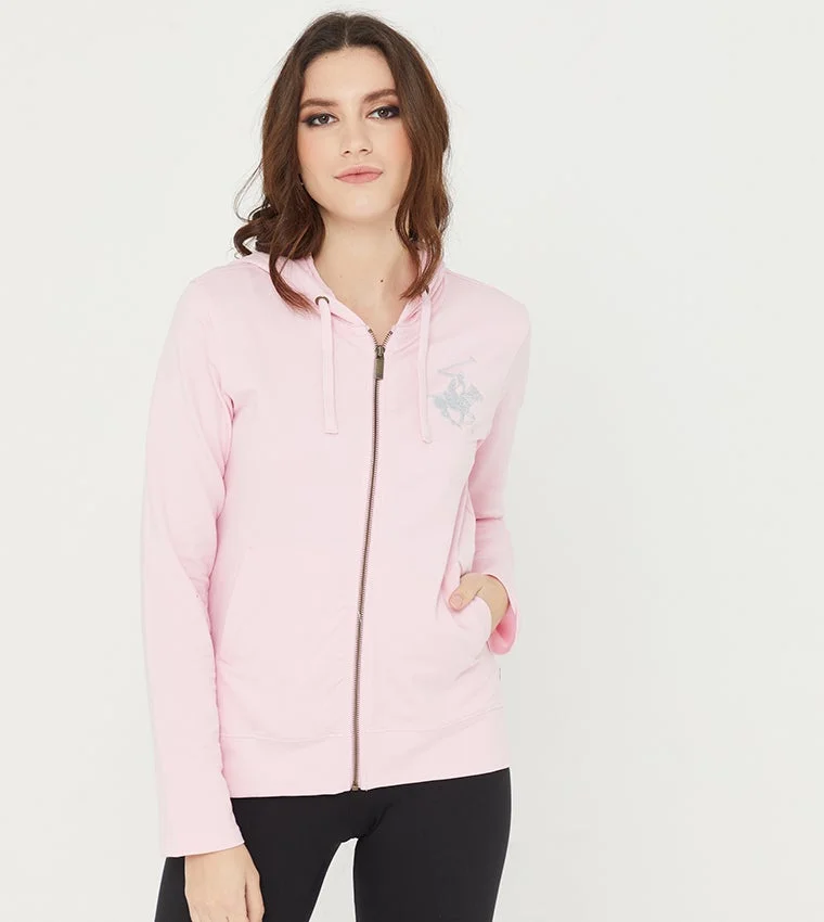 Beverly Hills Polo Club Logo Long Sleeves Zip-Through Hoodie with Split Pocket