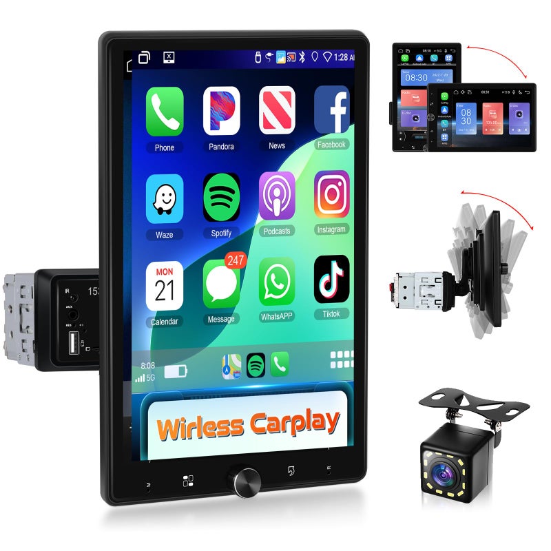 Podofo 10.4" Single Din Radio Car Stereo with Wireless CarPlay & Android Auto, Rotatable Touch Screen, Bluetooth, 16-Band EQ Audio, Mirror Link, SWC, FM, USB, TF, Backup Camera - Image 1